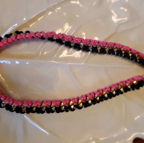 Pink & Black leather necklace with gold tone accents interwoven - Picture 3 of 4